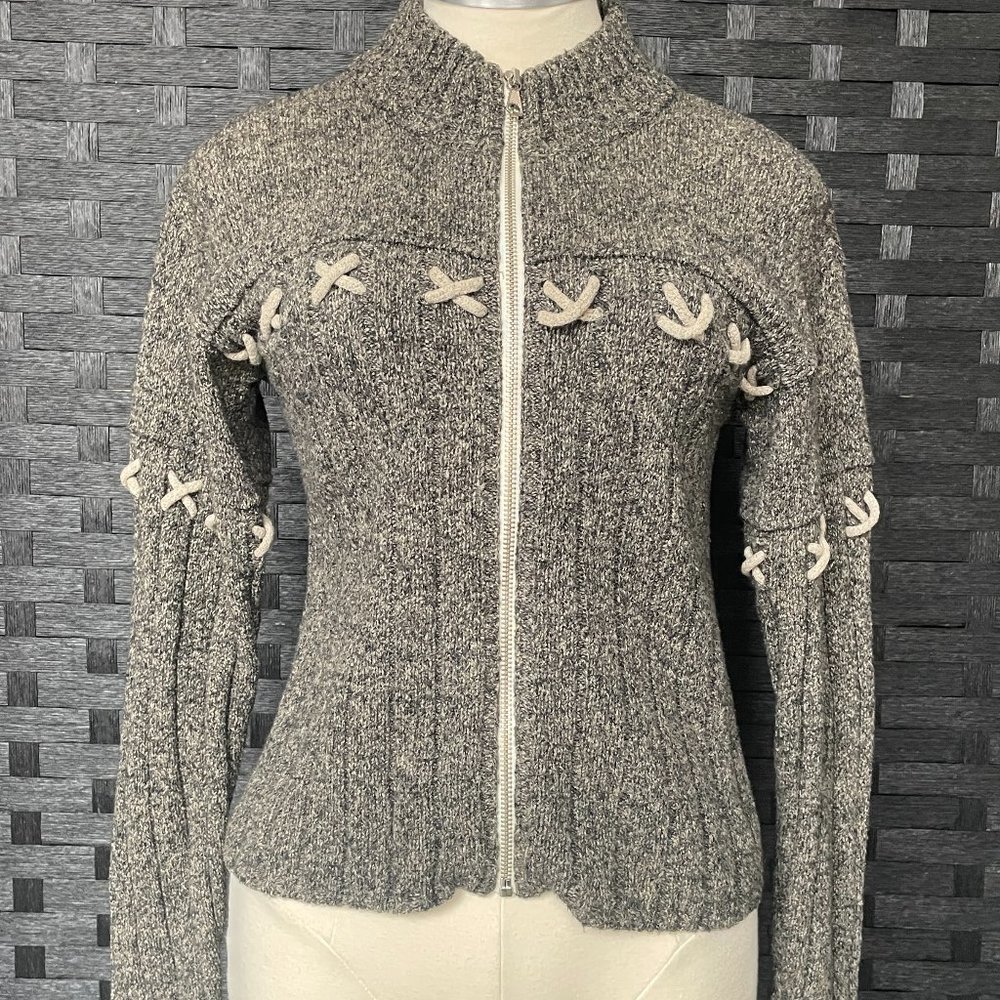 Cousin Johnny Rib knit Sweater, Zipper Closure, Criss Cross accent, gray, size S